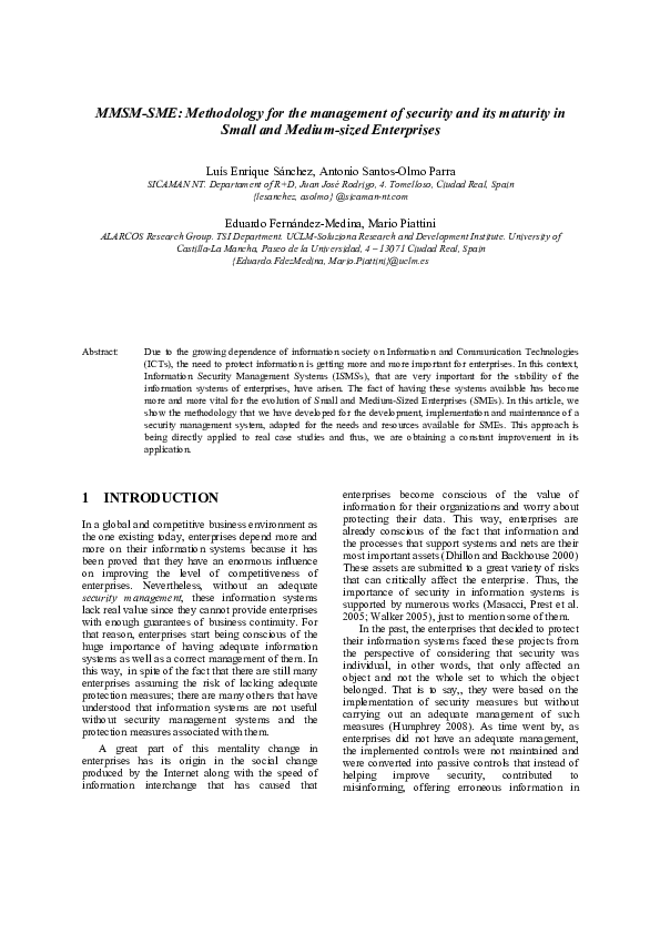(PDF) MMSM-SME: Methodology for the management of security and its ...