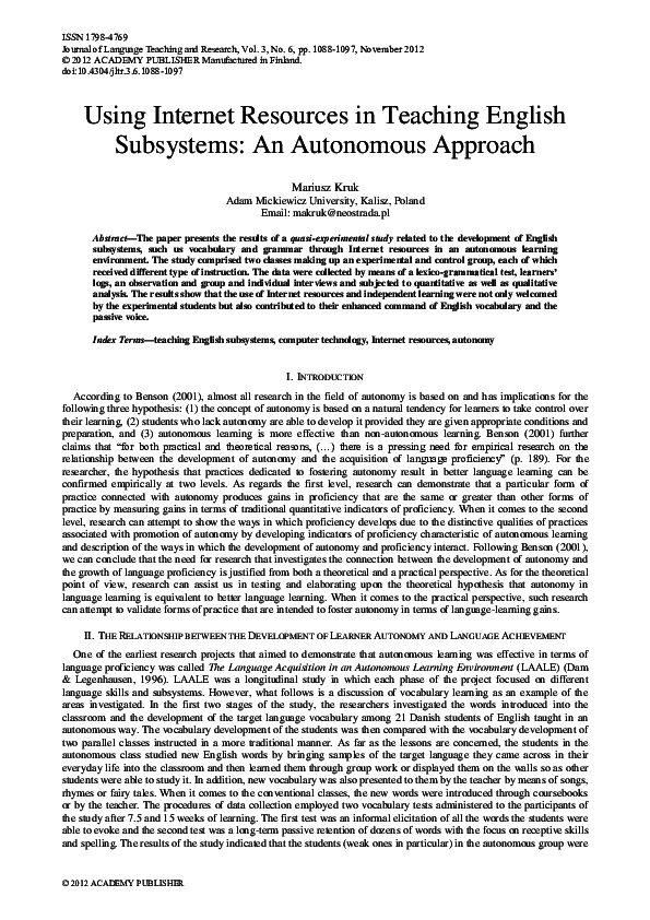 (PDF) Using Internet resources in teaching English subsystems: An ...