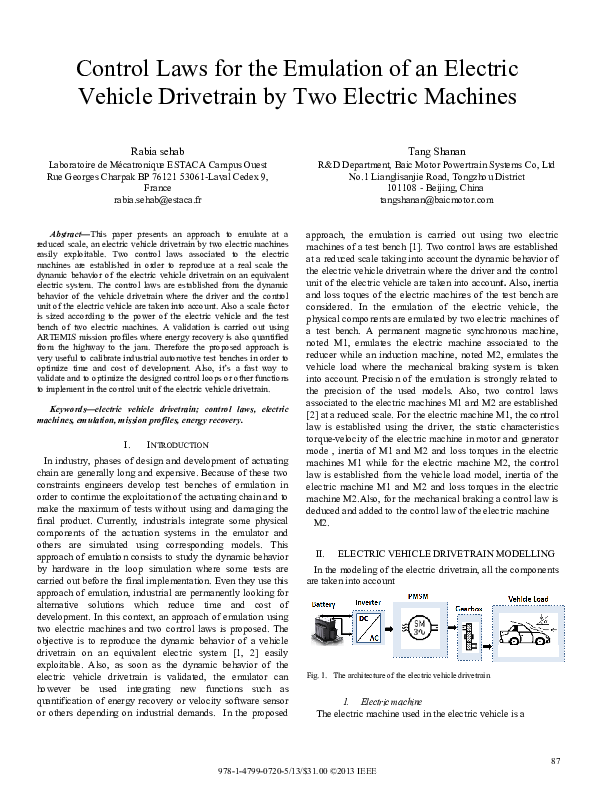 (PDF) Control Laws for the Emulation of an Electric Vehicle Drivetrain