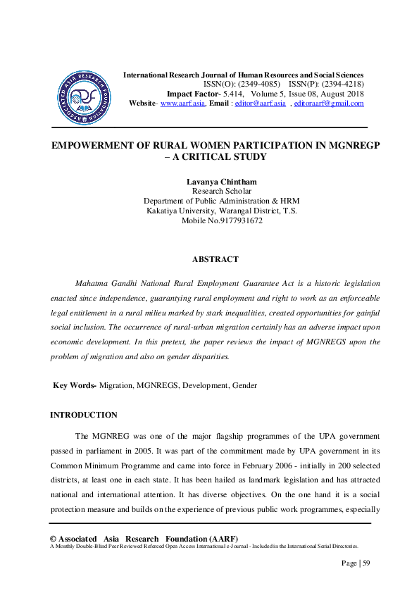 (PDF) EMPOWERMENT OF RURAL WOMEN PARTICIPATION IN MGNREGP – A CRITICAL ...
