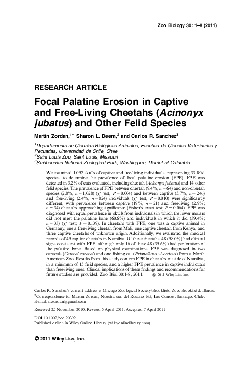 Focal Palatine Erosion in Captive and Free-Living Cheetahs (Acinonyx jubatus) and Other Felid Species