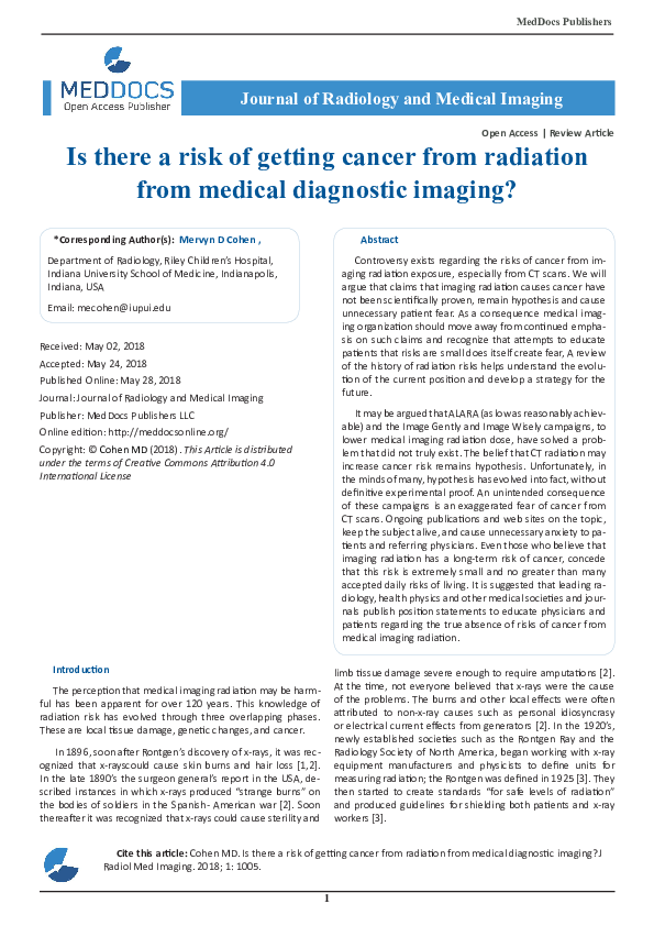 (PDF) Is there a risk of getting cancer from radiation from medical diagnostic imaging Meddocs