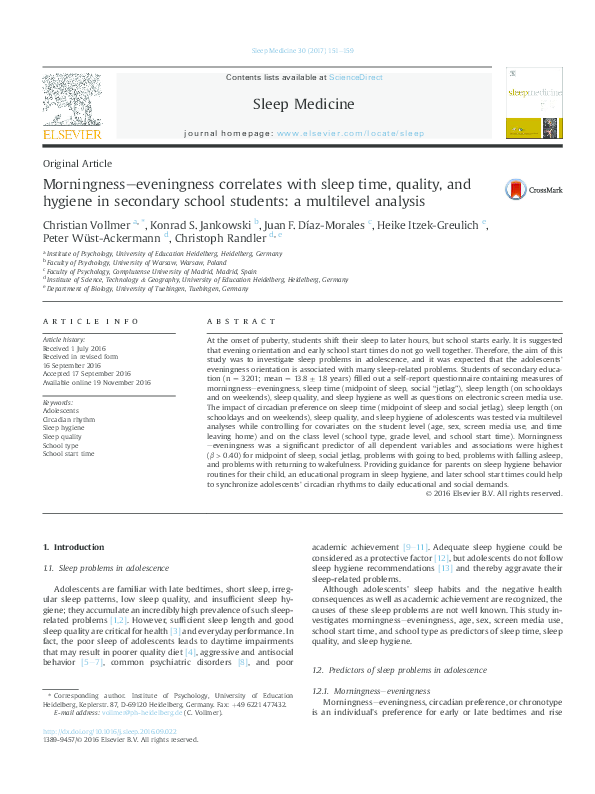 (PDF) Morningness–eveningness correlates with sleep time, quality, and ...