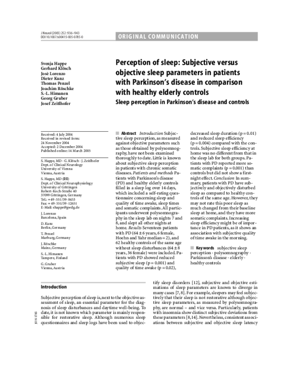 (PDF) Perception of sleep: Subjective versus objective sleep parameters ...