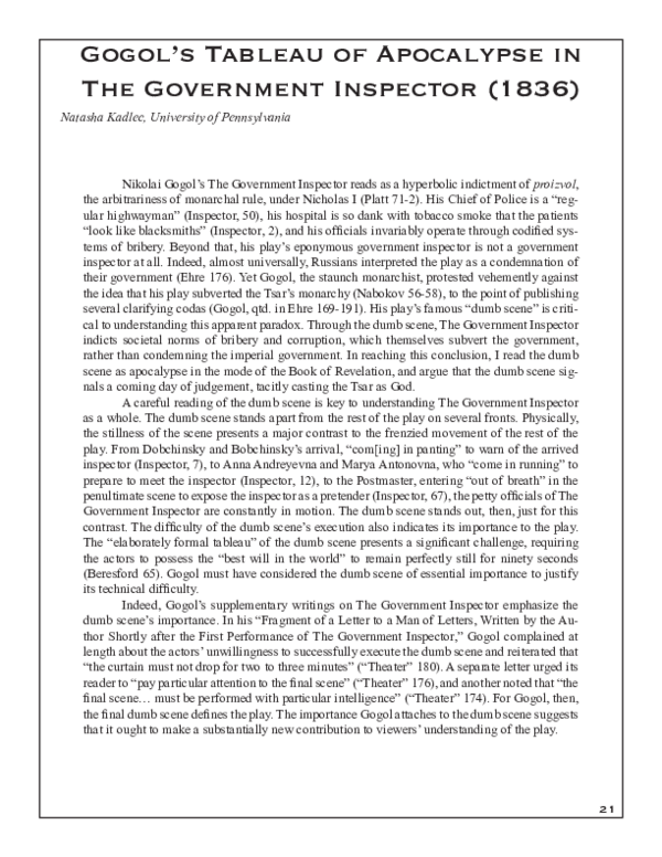 (PDF) Gogol's Tableau of Apocalypse in The Government Inspector (1836