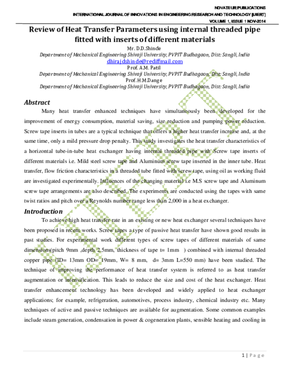 (PDF) Review of Heat Transfer Parameters using internal threaded pipe ...