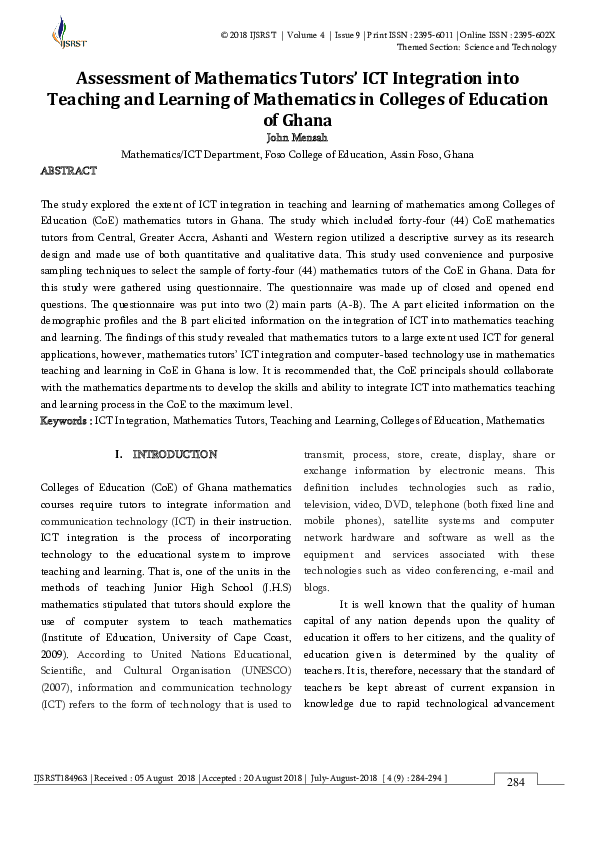 (PDF) Assessment of Mathematics Tutors' ICT Integration into Teaching ...