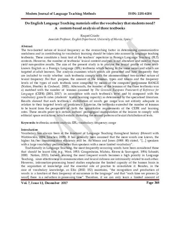 (PDF) Do English Language Teaching materials offer the vocabulary that