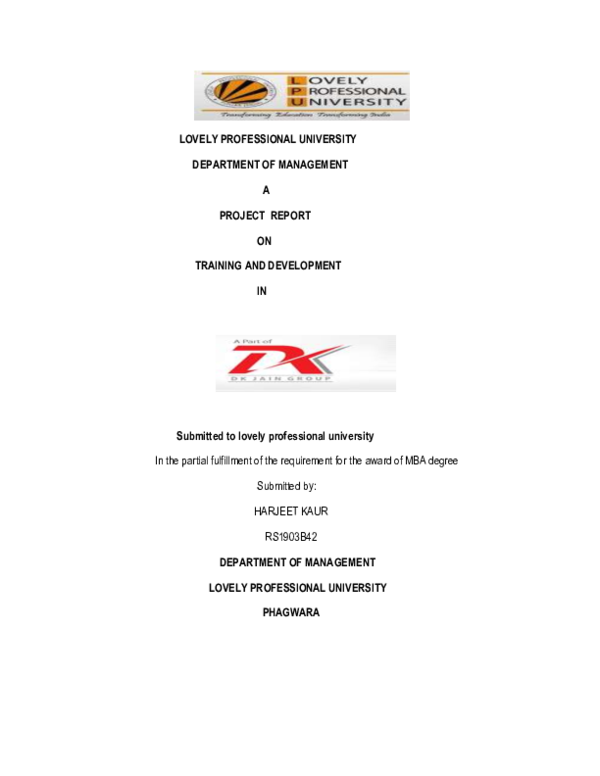 (PDF) LOVELY PROFESSIONAL UNIVERSITY DEPARTMENT OF MANAGEMENT A PROJECT