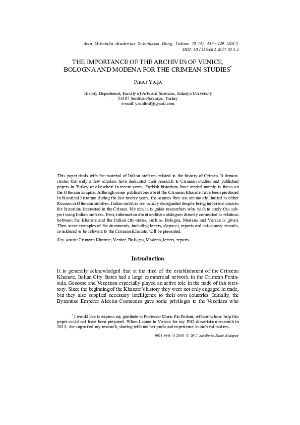 THE IMPORTANCE OF THE ARCHIVES OF VENICE, BOLOGNA AND MODENA FOR THE CRIMEAN STUDIES