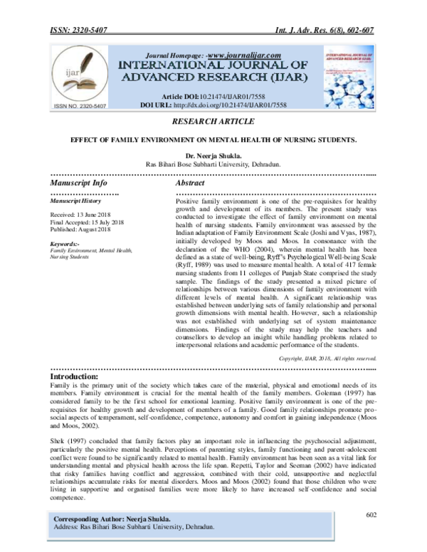 (PDF) EFFECT OF FAMILY ENVIRONMENT ON MENTAL HEALTH OF NURSING STUDENTS.
