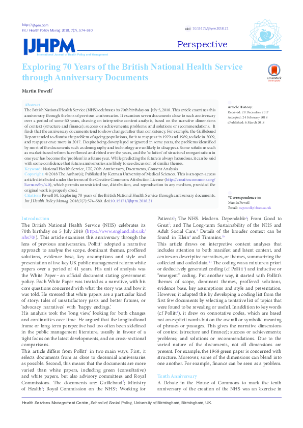 (PDF) Exploring 70 Years of the British National Health Service through ...