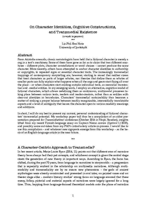 (PDF) On Character Identities, Cognitive Constructions, and Transmedial ...