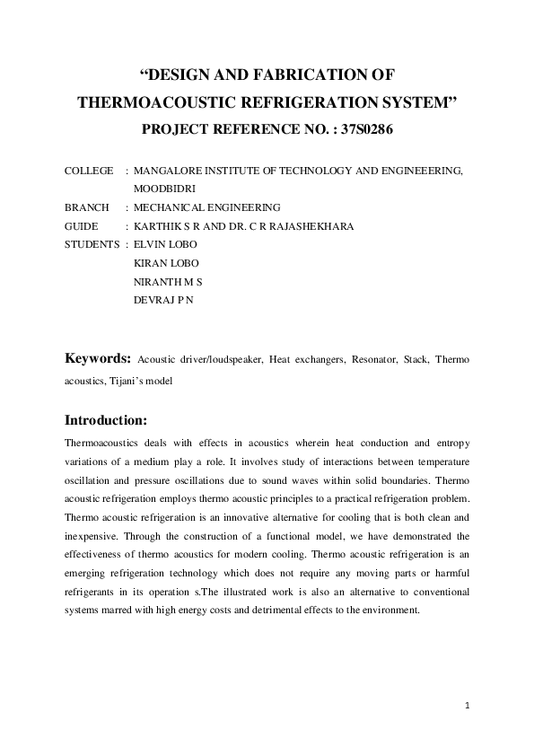 (PDF) " DESIGN AND FABRICATION OF THERMOACOUSTIC REFRIGERATION SYSTEM