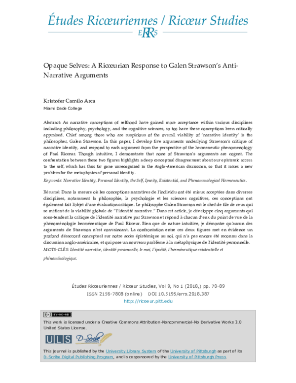 (PDF) Opaque Selves: A Ricoeurian Response to Galen Strawson's Anti ...