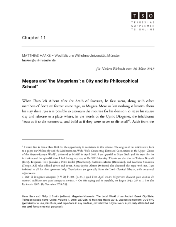 (PDF) Megara and 'the Megarians': a City and its Philosophical School
