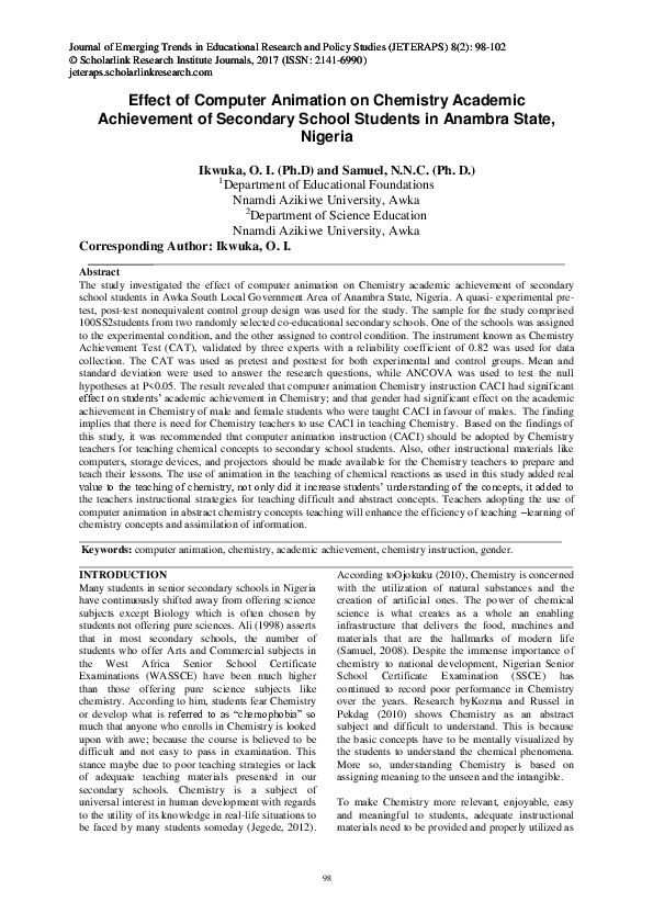 (PDF) Effect of Computer Animation on Chemistry Academic Achievement of ...