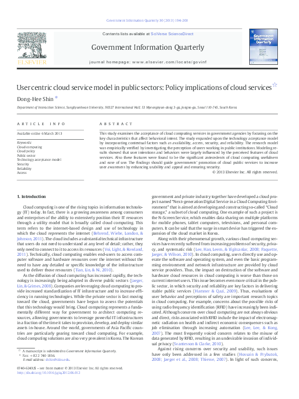 (PDF) User centric cloud service model in public sectors: Policy ...