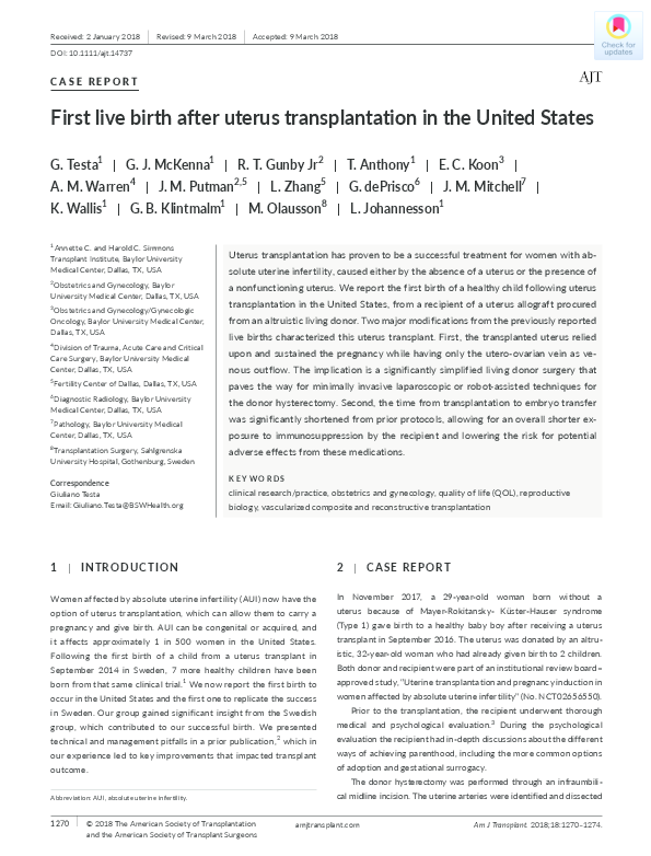 (PDF) First live birth after uterus transplantation in the United States