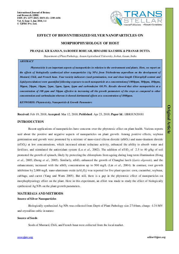 (PDF) EFFECT OF BIOSYNTHESIZED SILVER NANOPARTICLES ON MORPHOPHYSIOLOGY ...