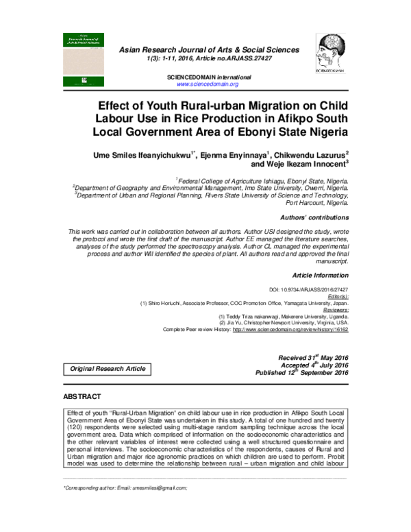 (PDF) Effect of Youth Rural-urban Migration on Child Labour Use in Rice ...