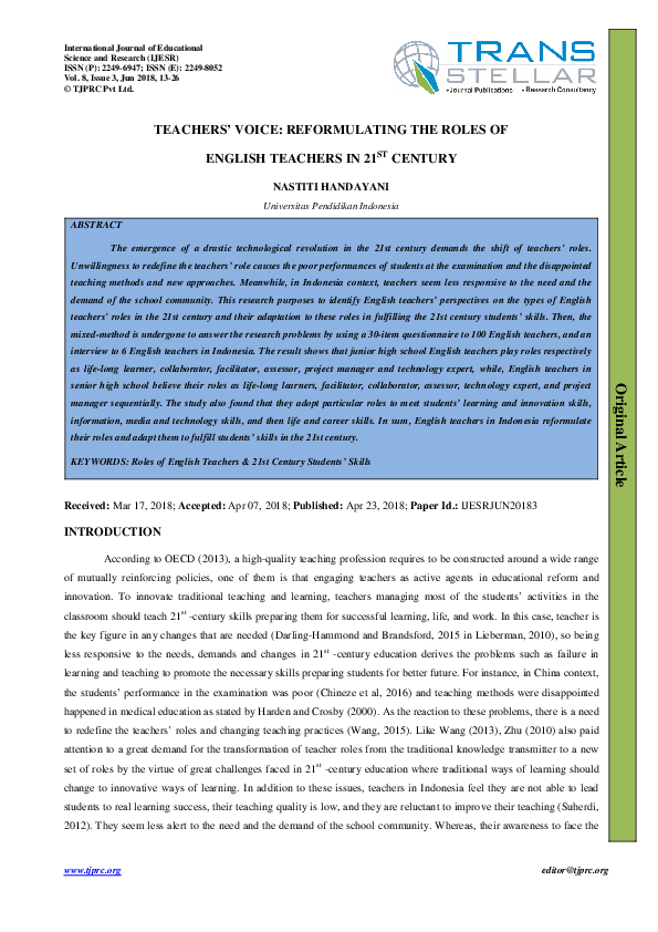 (PDF) TEACHERS' VOICE: REFORMULATING THE ROLES OF ENGLISH TEACHERS IN ...