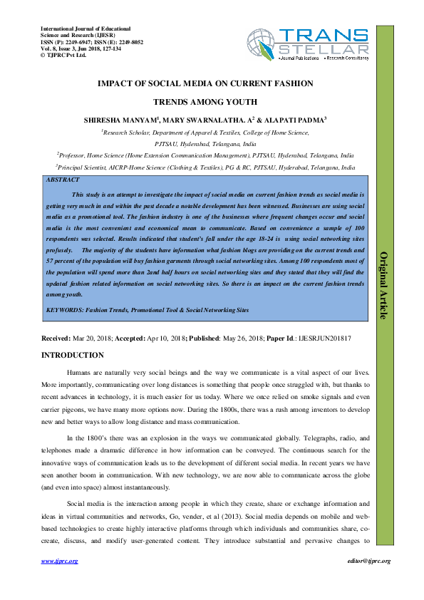 (PDF) IMPACT OF SOCIAL MEDIA ON CURRENT FASHION TRENDS AMONG YOUTH