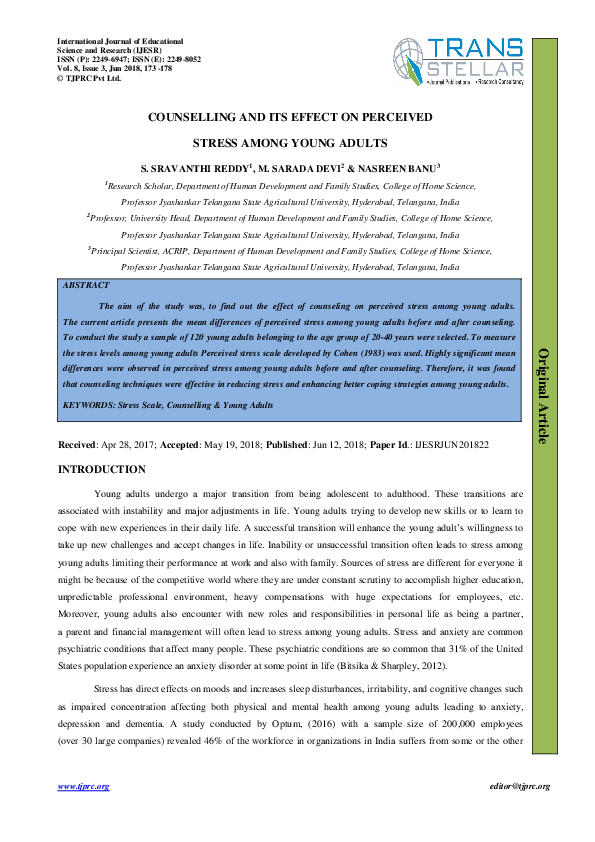 (PDF) COUNSELLING AND ITS EFFECT ON PERCEIVED STRESS AMONG YOUNG ADULTS