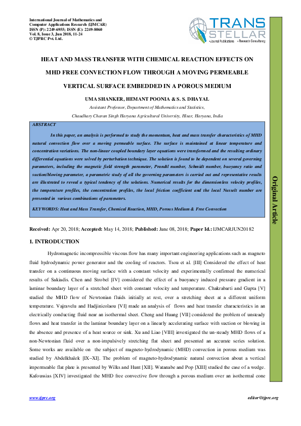 (PDF) HEAT AND MASS TRANSFER WITH CHEMICAL REACTION EFFECTS ON MHD FREE ...