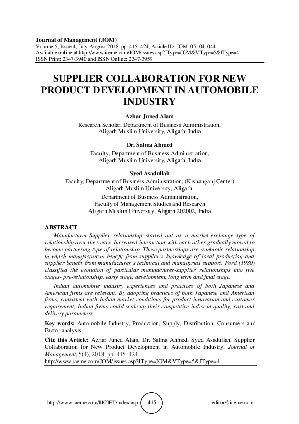 (PDF) SUPPLIER COLLABORATION FOR NEW PRODUCT DEVELOPMENT IN AUTOMOBILE ...