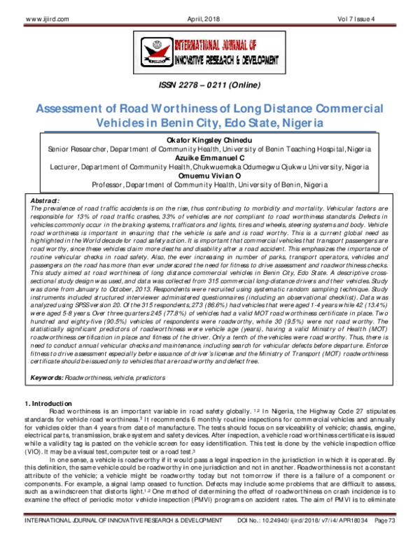 (PDF) Assessment of Road Worthiness of Long Distance Commercial ...