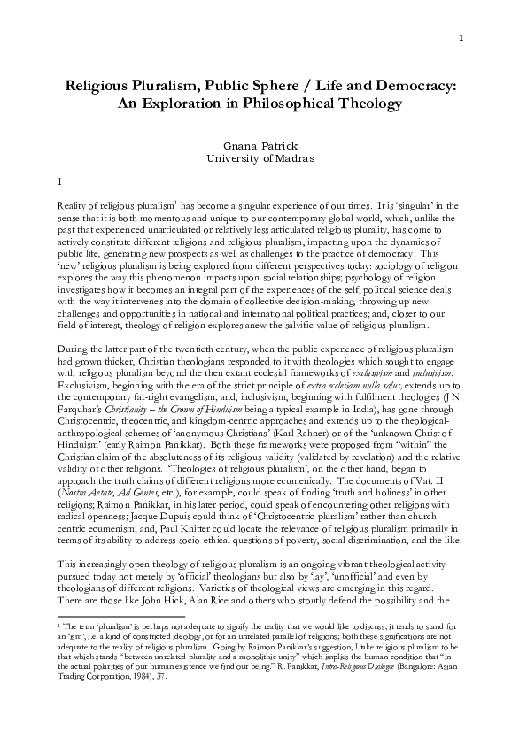 (PDF) Religious Pluralism, Public Sphere / Life and Democracy An Exploration in Philosophical