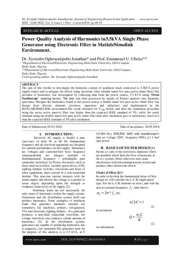 (PDF) Power Quality Analysis of Harmonics in3.5kVA Single Phase