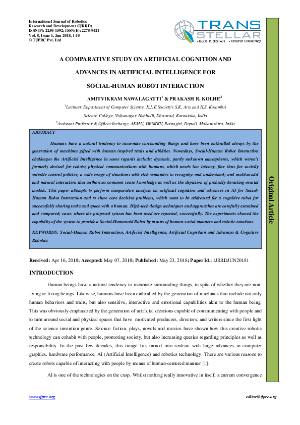(PDF) A COMPARATIVE STUDY ON ARTIFICIAL COGNITION AND ADVANCES IN ...