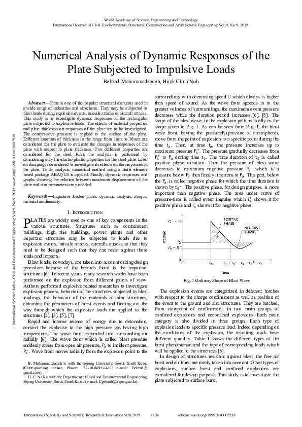(PDF) Numerical Analysis of Dynamic Responses of the Plate Subjected to ...