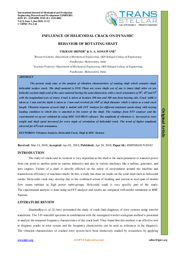 (PDF) INFLUENCE OF HELICOIDAL CRACK ON DYNAMIC BEHAVIOR OF ROTATING SHAFT