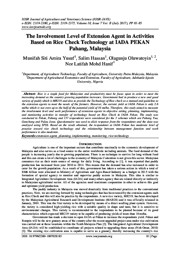 (PDF) The Involvement Level of Extension Agent in Activities Based on