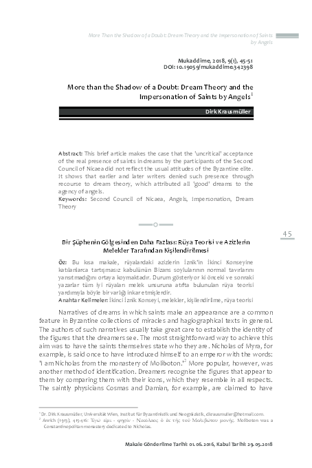 More than the Shadow of a Doubt: Dream Theory and the Impersonation of Saints by Angels 1