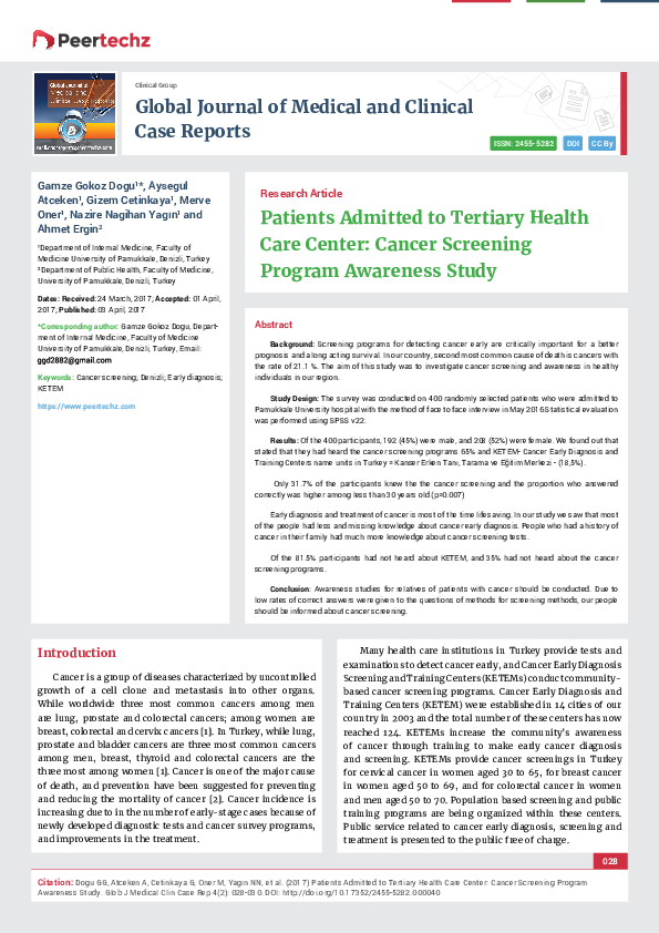 (PDF) Patients Admitted to Tertiary Health Care Center: Cancer ...