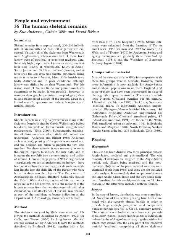 'The Human Skeletal Remains', in Cramp, R.J., 2006, Wearmouth and Jarrow Monastic Sites, English Heritage, Vol. 2, 481–545