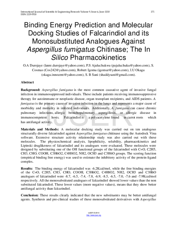 (PDF) Binding Energy Prediction and Molecular Docking Studies of ...