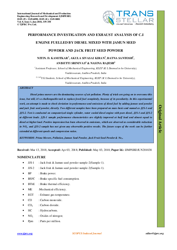 (PDF) PERFORMANCE INVESTIGATION AND EXHAUST ANALYSIS OF C.I ENGINE ...