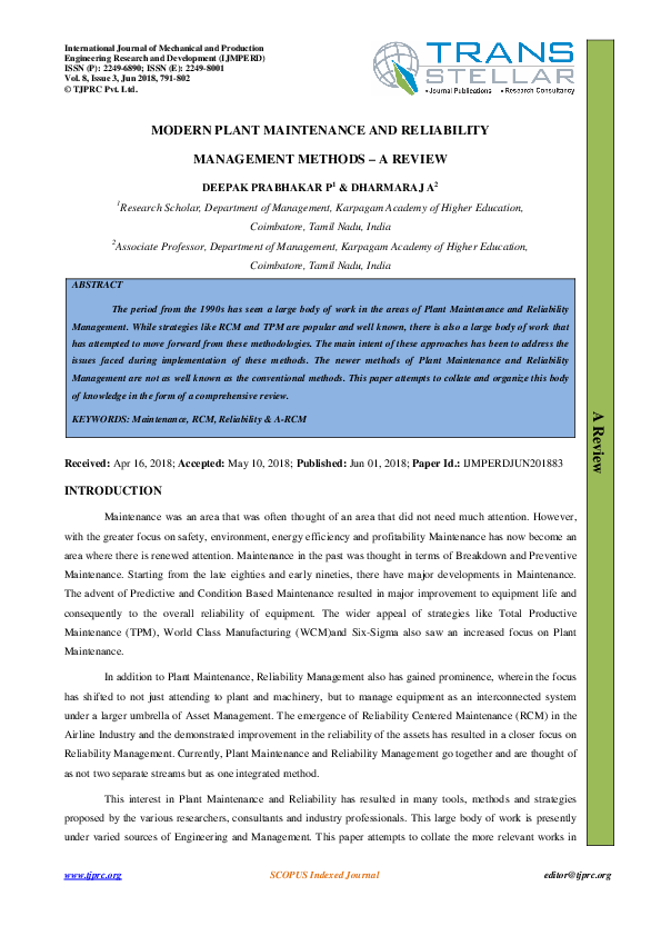 (PDF) MODERN PLANT MAINTENANCE AND RELIABILITY MANAGEMENT METHODS – A ...