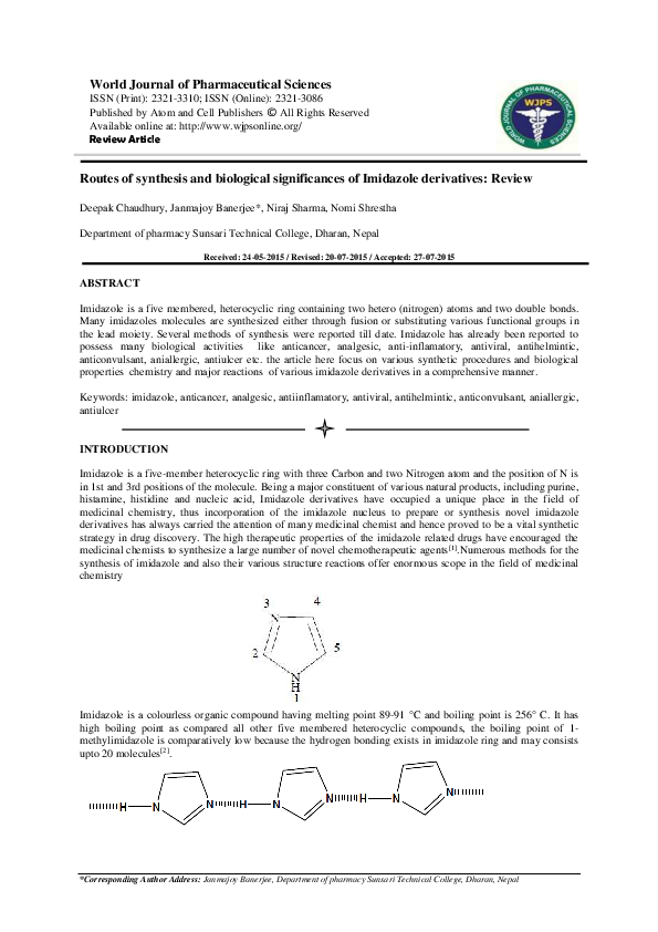 (PDF) Routes of synthesis and biological significances of Imidazole ...