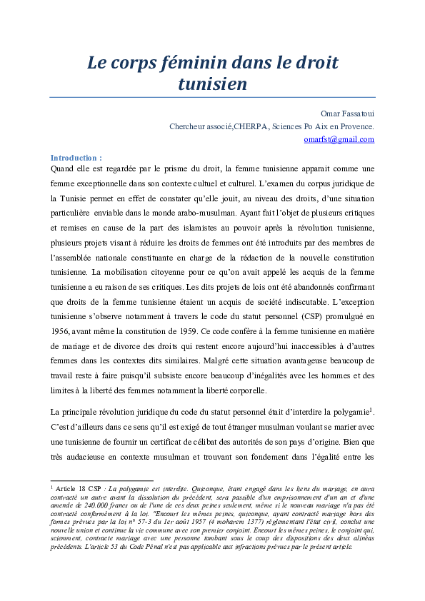 Pdf Le Corps Feminin En Droit Tunisien Omar Fassatoui Academia Edu