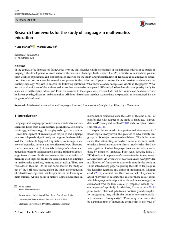 (PDF) Research frameworks for the study of language in mathematics ...
