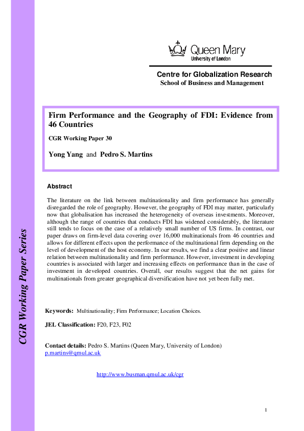 (PDF) Firm performance and the geography of FDI: Evidence from 46 countries
