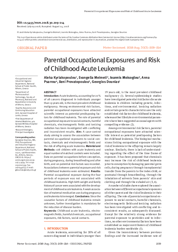 (PDF) Parental Occupational Exposures and Risk of Childhood Acute Leukemia
