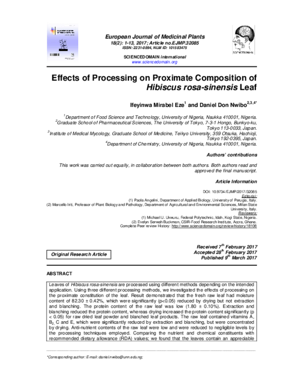 (PDF) Effects of Processing on Proximate Composition of Hibiscus rosa ...