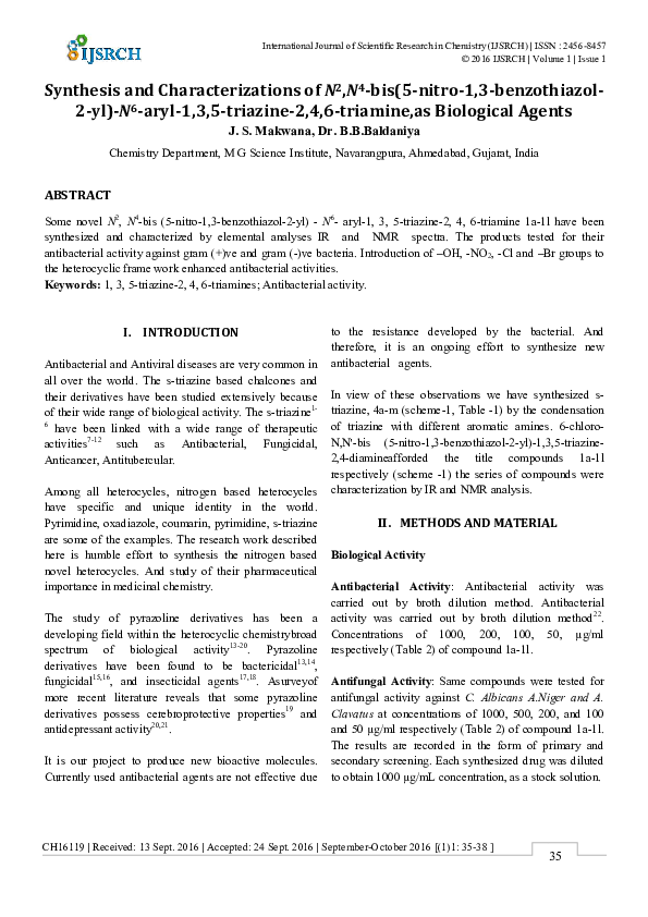Pdf Synthesis And Characterizations Of N 2 N 4 Bis 5 Nitro 1 3 Benzothiazol 2 Yl N 6 Aryl 1 3 5 Triazine 2 4 6 Triamine As Biological Agents International Journal Of Scientific Research In Chemistry Ijsrch Academia Edu